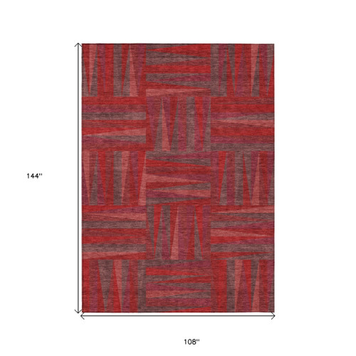 9' X 12' Red And Brown Geometric Washable Indoor Outdoor Area Rug