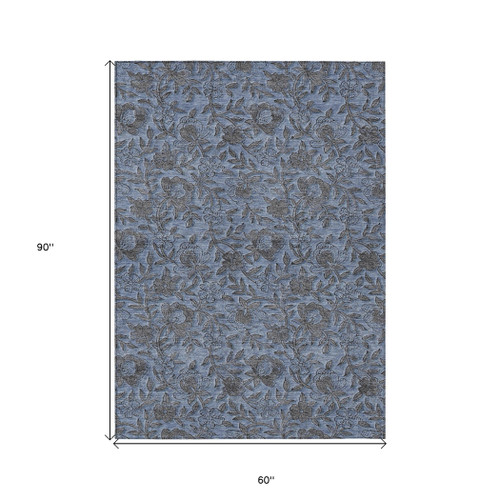 5' X 8' Blue Gray And Charcoal Floral Washable Indoor Outdoor Area Rug