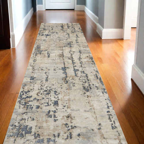 20' Beige And Gray Abstract Runner Rug