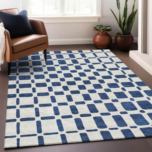 8' X 10' Navy Blue And Ivory Geometric Washable Indoor Outdoor Area Rug