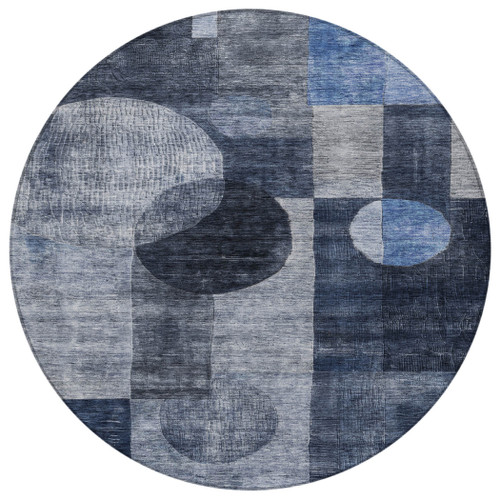 8' Navy Blue Gray And Charcoal Round Geometric Washable Indoor Outdoor Area Rug