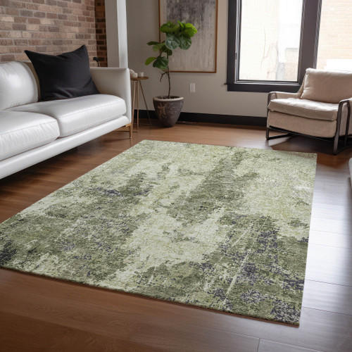 9' X 12' Artichoke Green And Fern Green Abstract Washable Indoor Outdoor Area Rug