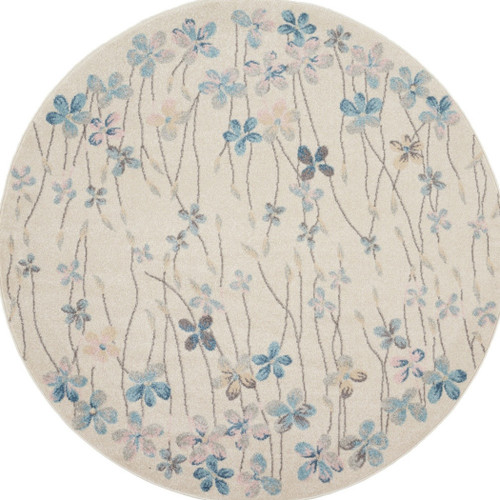 5' Ivory And Blue Floral Round Rug