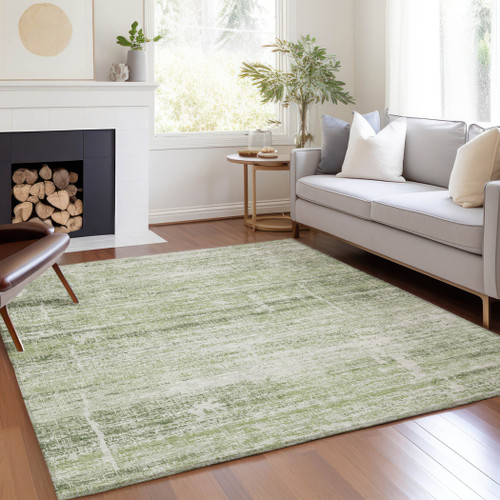 8' X 10' Artichoke Green And Ivory Abstract Washable Indoor Outdoor Area Rug