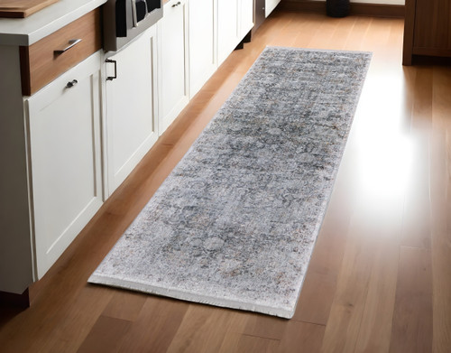 8' Gray and Silver Damask Power Loom Worn Faded Runner Rug