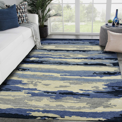 2' X 3' Navy Blue Ivory And Gray Wool Abstract Hand Tufted Area Rug