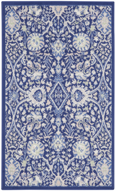 3' X 5' Navy Blue Ivory and Beige Floral Area Rug