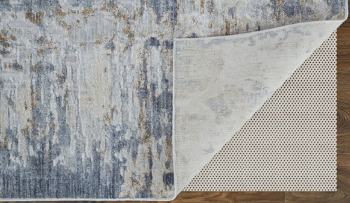12' Ivory Gray and Blue Abstract Power Loom Worn Faded Runner Rug