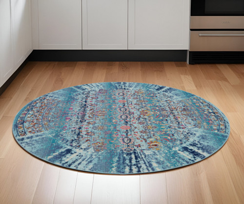 6' Blue Red And Orange Floral Distressed Round Rug