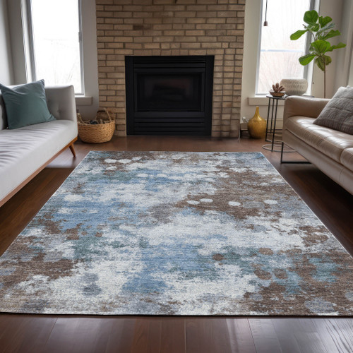 9' X 12' Brown And Sky Blue Abstract Washable Indoor Outdoor Area Rug