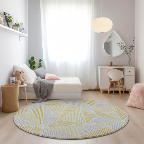 8' Gold Gray And Wheat Round Geometric Washable Indoor Outdoor Area Rug