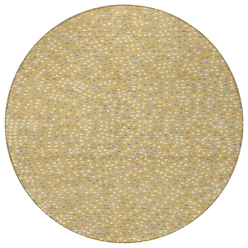 8' Gold Gray And Ivory Round Polka Dot Washable Indoor Outdoor Area Rug