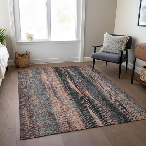 10' X 14' Blue Charcoal And Copper Botanical Leaves Washable Indoor Outdoor Area Rug