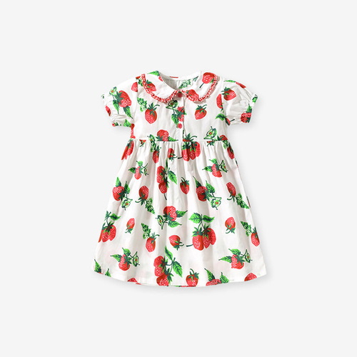 Summer Pure Cotton Strawberry Pattern Short-sleeved Dress with Peter Pan Collar for Stylish Girls