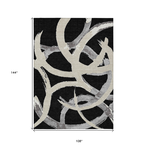 9' X 12' Black Ivory And Gray Abstract Washable Indoor Outdoor Area Rug