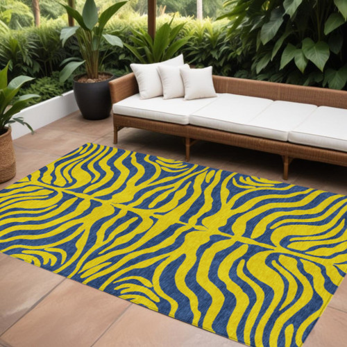 9' X 12' Yellow And Blue Animal Print Washable Indoor Outdoor Area Rug
