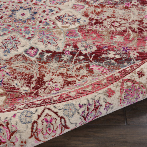 4' Ivory And Red Floral Distressed Round Rug