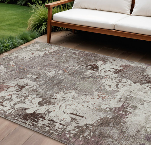 10' X 14' Taupe Ivory And Brown Damask Washable Indoor Outdoor Area Rug