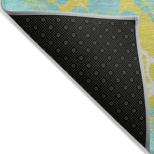 10' X 14' Yellow And Aqua Floral Washable Indoor Outdoor Area Rug