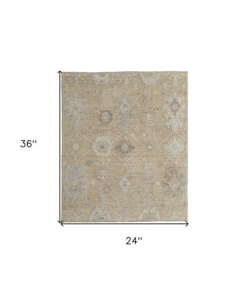2' X 3' Tan and Ivory Wool Floral Hand Knotted Area Rug