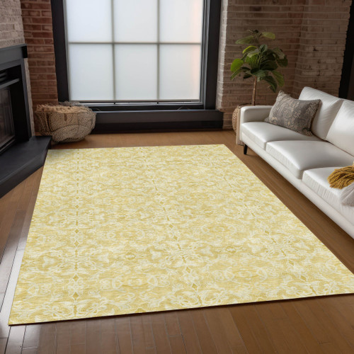 3' X 5' Gold And Ivory Medallion Washable Indoor Outdoor Area Rug