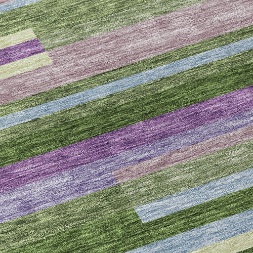 9' X 12' Moss Green Olive Green And Purple Striped Washable Indoor Outdoor Area Rug