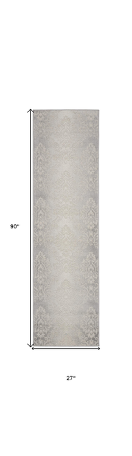 8' Gray and Ivory Damask Distressed Non Skid Runner Rug