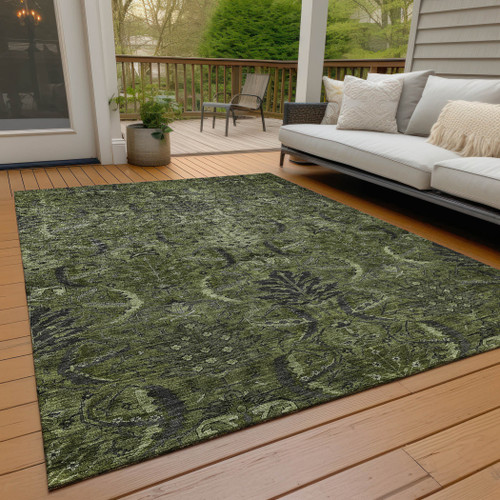 9' X 12' Olive Green And Charcoal Damask Washable Indoor Outdoor Area Rug