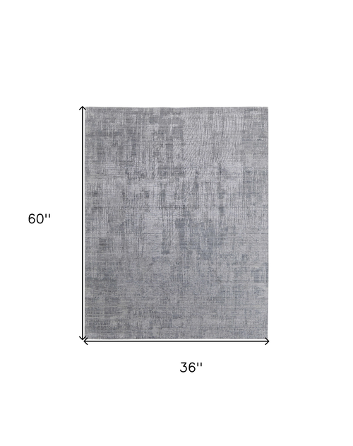 3' X 5' Light Blue and Silver Abstract Hand Woven Worn Faded Area Rug