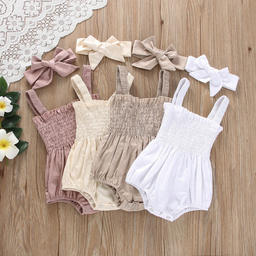 Baby Girls Solid Color Sleeveless Summer Shir Bodysuit Onesies & Headband
