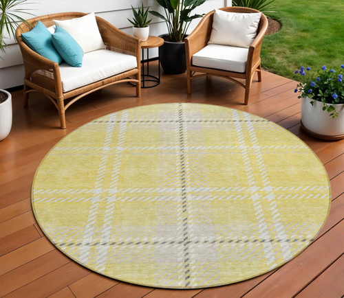 8' Yellow Black And Ivory Round Plaid Washable Indoor Outdoor Area Rug