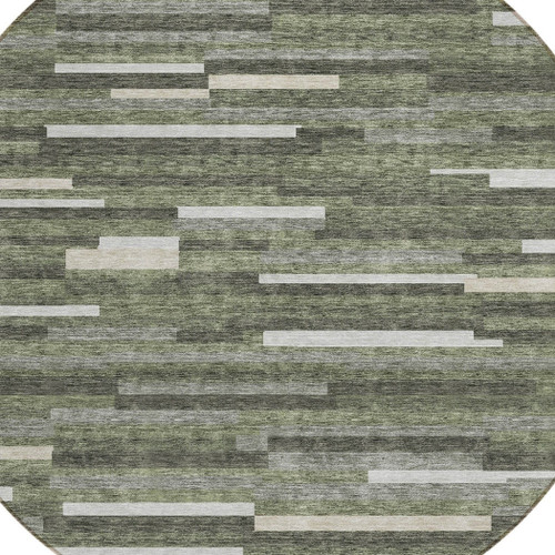 8' Olive Green Gray And Ivory Round Striped Washable Indoor Outdoor Area Rug