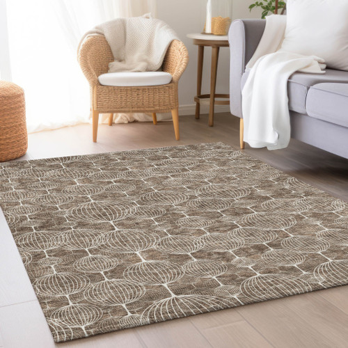 9' X 12' Chocolate And Beige Geometric Washable Indoor Outdoor Area Rug