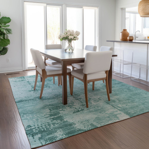10' X 14' Teal Blue And Ivory Abstract Washable Indoor Outdoor Area Rug