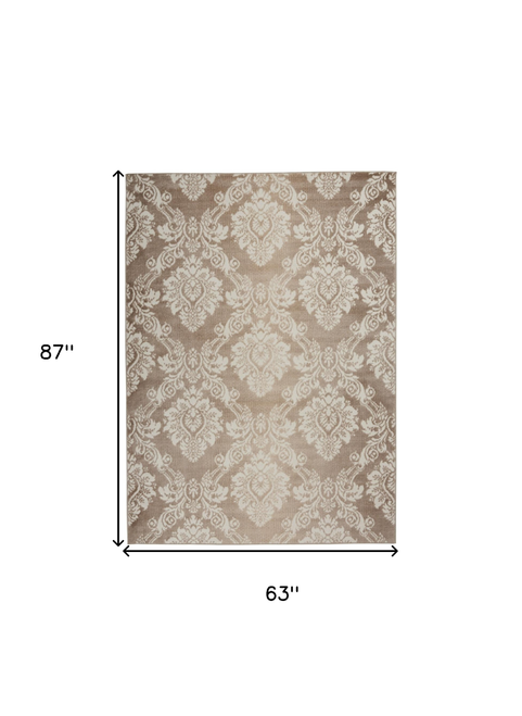 5' X 7' Taupe and Ivory Damask Distressed Non Skid Area Rug