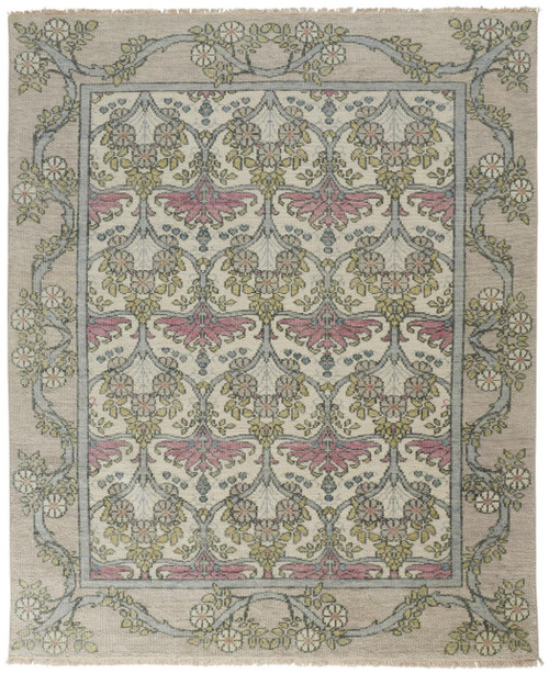 4' X 6' Ivory Gray and Pink Wool Floral Hand Knotted Area Rug