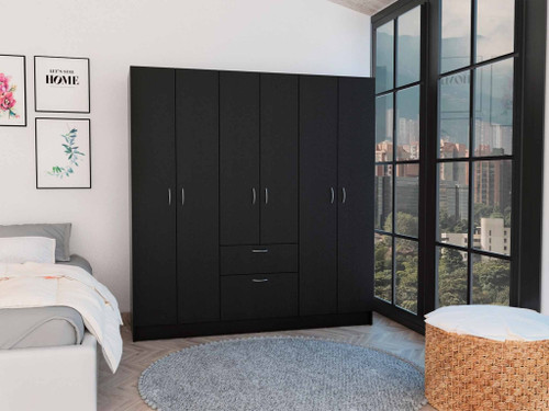 71" Black And White Wood Six Door Single Drawer Combo Dresser