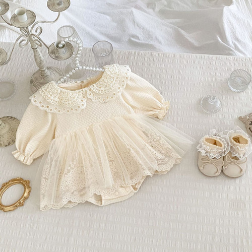 Autumn Arrival Baby Girls Knitted Long Sleeves Solid Color Floral Embroide Tulle Patchwork Bodysuits Onesies Dress