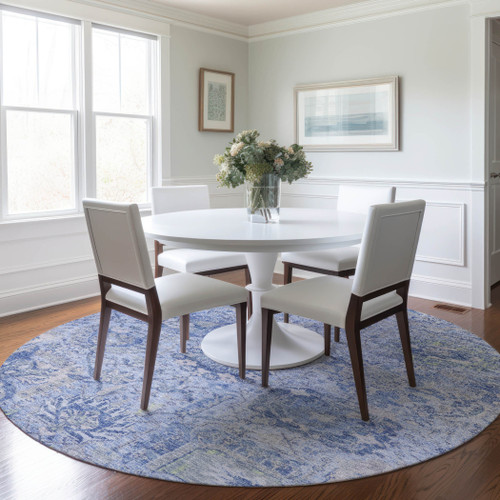 8' Sky Blue Ivory And Gray Round Damask Washable Indoor Outdoor Area Rug
