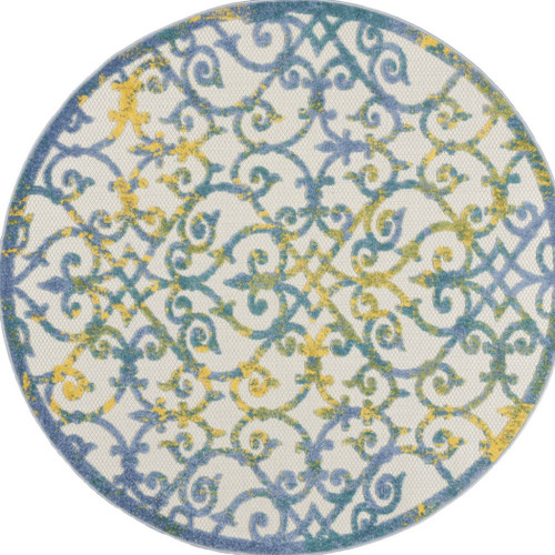 4' Ivory Blue And Yellow Round Trellis Indoor Outdoor Area Rug