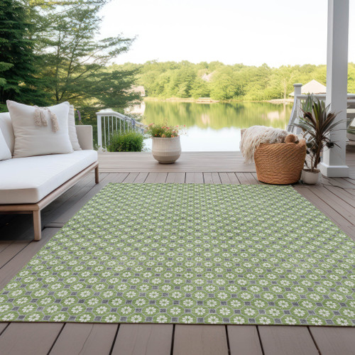 3' X 5' Green And Gray Floral Washable Indoor Outdoor Area Rug