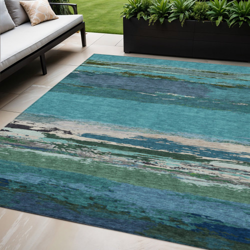 5' X 8' Teal Blue Abstract Washable Indoor Outdoor Area Rug