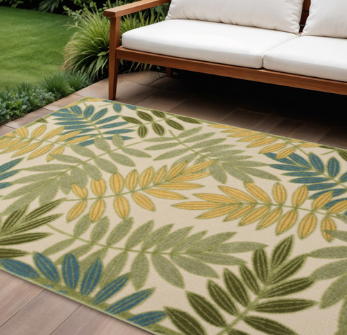 8' X 11' Blue Green And Yellow Palm Leaf Indoor Outdoor Area Rug