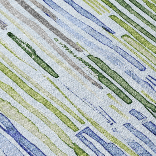 5' X 8' Sky Blue And Fern Green Striped Washable Indoor Outdoor Area Rug