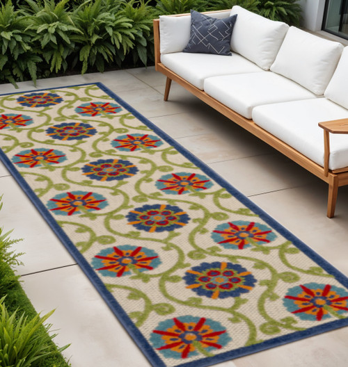8' Navy Blue Beige Green Blue And Red Floral Indoor Outdoor Runner Rug