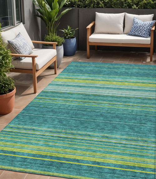 5' X 8' Teal Blue Lime Green And Turquoise Striped Washable Indoor Outdoor Area Rug