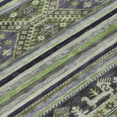 5' X 8' Fern Green Taupe And Ivory Tribal Washable Indoor Outdoor Area Rug