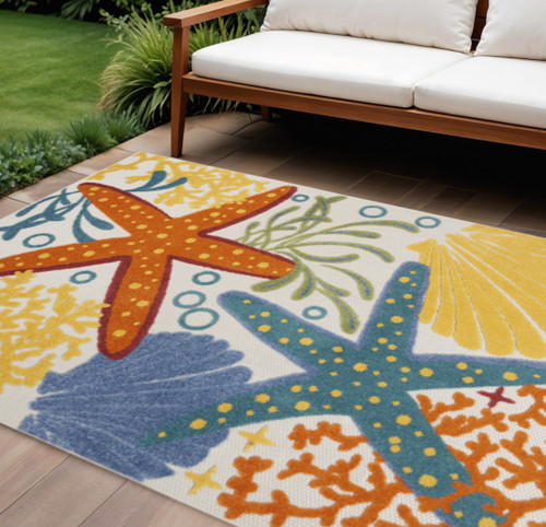 6' X 9' Blue Yellow And Orange Starfish Indoor Outdoor Area Rug