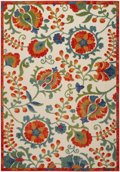 5' X 8' Red Gold Green And Teal Blue Floral Indoor Outdoor Area Rug