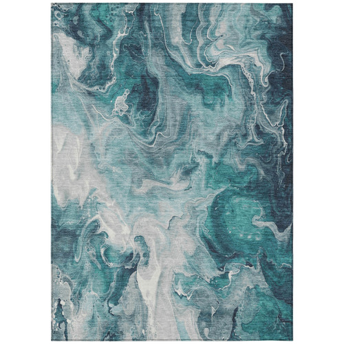 5' X 8' Teal Blue And Ivory Abstract Washable Indoor Outdoor Area Rug